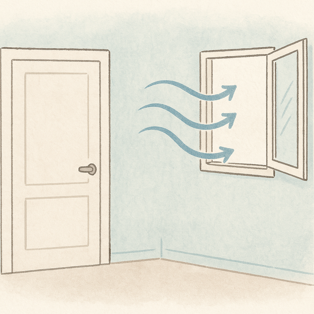 Illustration: Geschlossene Tür und geöffnetes Fenster mit Luftstrom – korrektes Stoßlüften bei Schimmelbefall.
