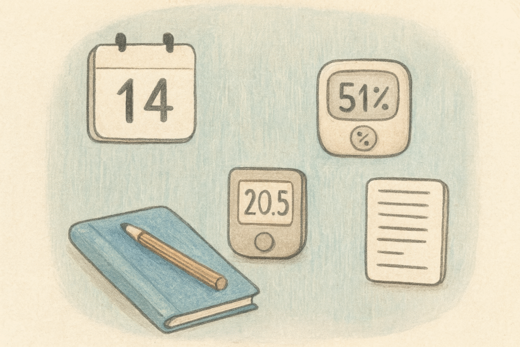 Illustration: Kalender, Hygrometer mit 51%, Thermometer mit 20.5 °C, Notizbuch und Dokument – Hilfsmittel zur Schimmeldokumentation